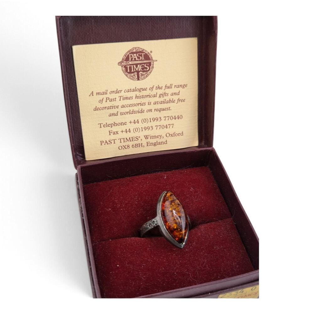 Vintage Past Times Baltic Amber 925 Sterling Ring Poland Original Box Size 7.75